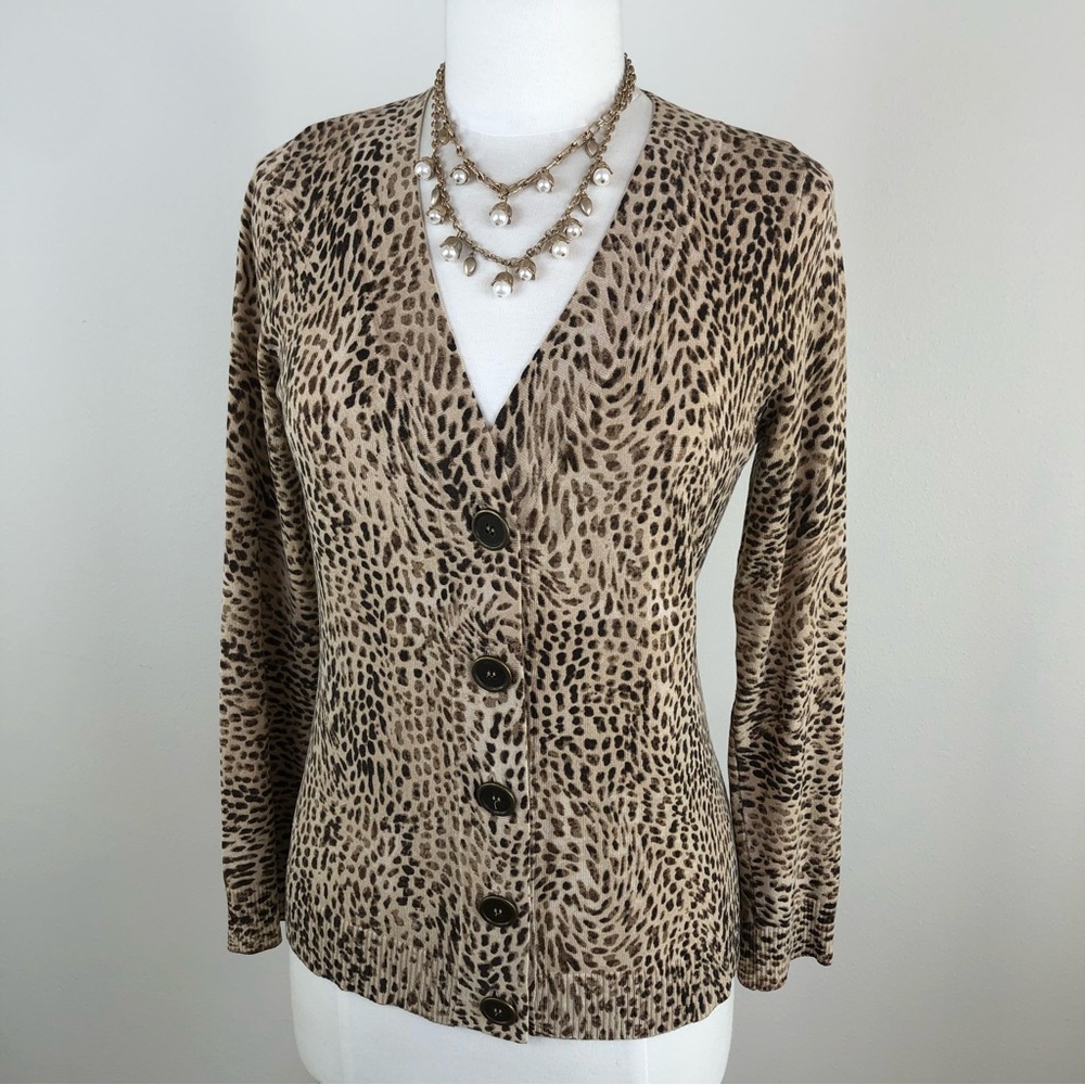 Judith Hart Size L Petite Silk Blend Animal Print Button Up Cardigan Swe…